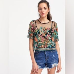 SHEIN Flower Embroidered Mesh Crop Top, Worn ONCE, size large